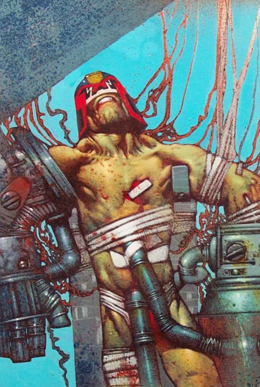 Judge Dredd connected to a machine