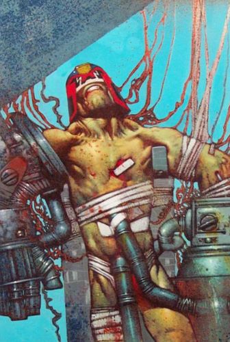 Judge Dredd connected to a machine